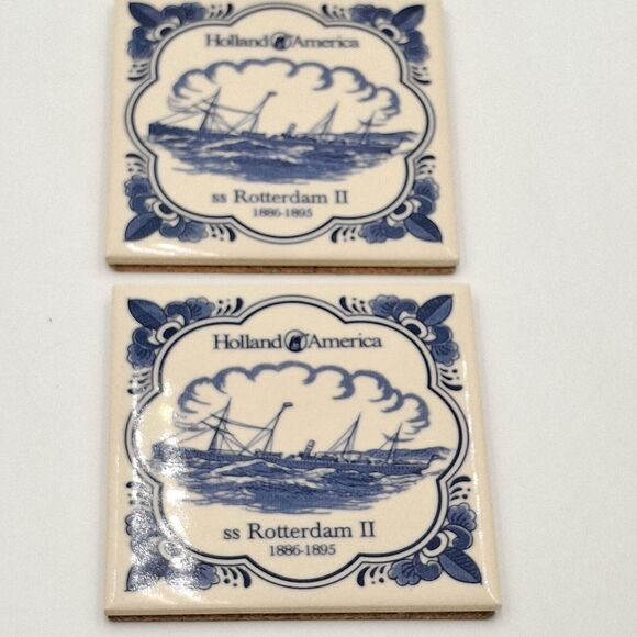 Holland American Cruise Line ms Rotterdam Blue Delft Coaster Tiles w/Cork Set 2 - Picture 6 of 6